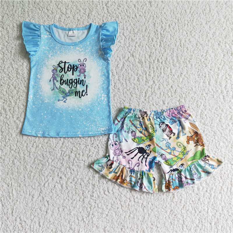 GSSO0084 Girls Blue Flying Sleeve Ant Short Sleeve Shorts Suit