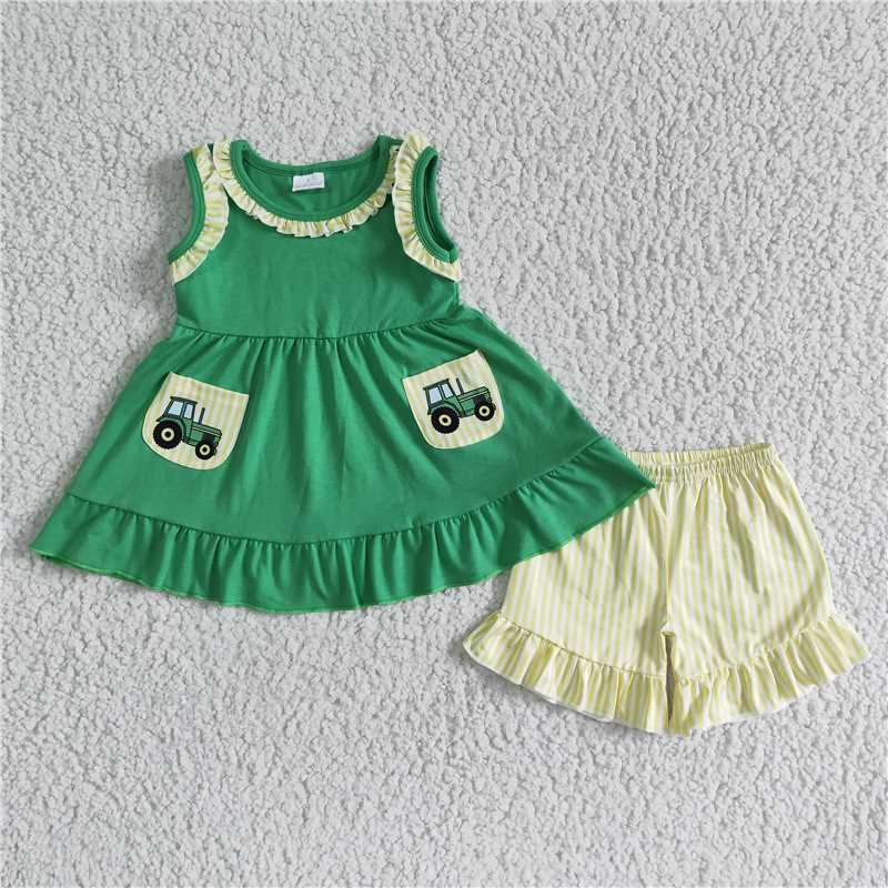 GSSO0097 Girls Green Car Pocket Sleeveless Yellow Lace Shorts Outfit