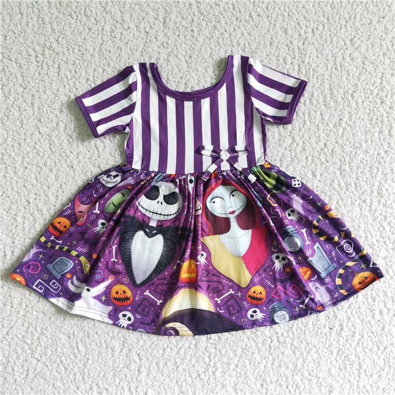 GSD0108 Halloween Ghost Pumpkin Purple Striped Short Sleeve Dress