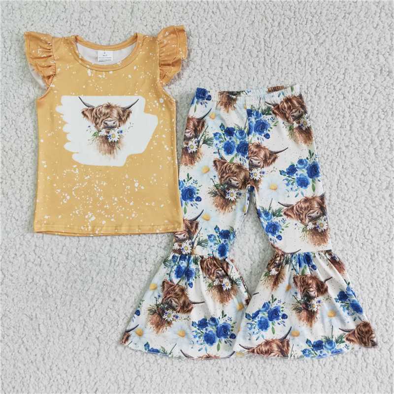 GSPO0086 Alpine cow flower yellow flying sleeve trousers suit