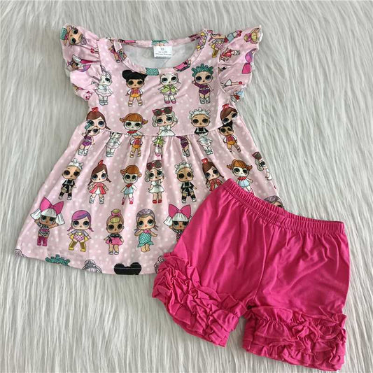C5-14 Cartoon pink small flying sleeve skirt rose red shorts set