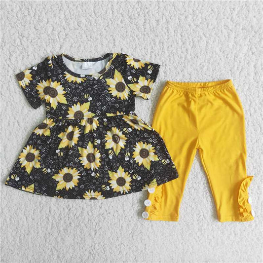 C7-15 Sunflower Black Top Short Sleeve Yellow Pants Set