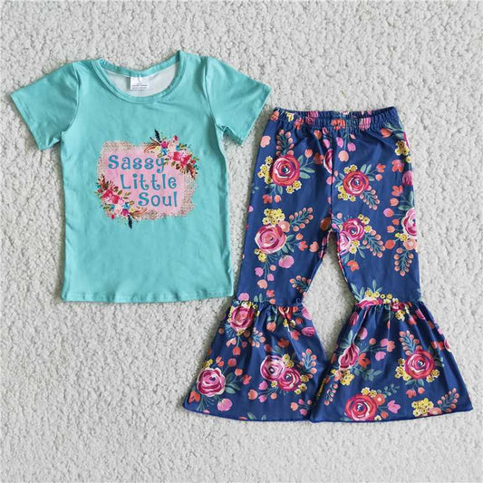 C11-4 Green Short Sleeve Top Flower Blue Pants Set