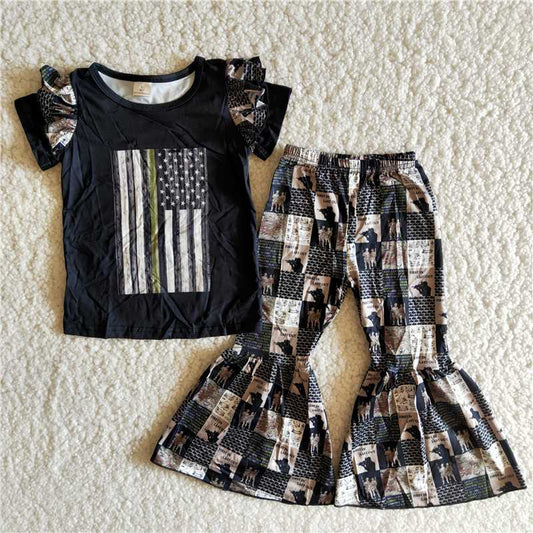 A9-15 Black Lace Short Sleeve Flared Pants Set