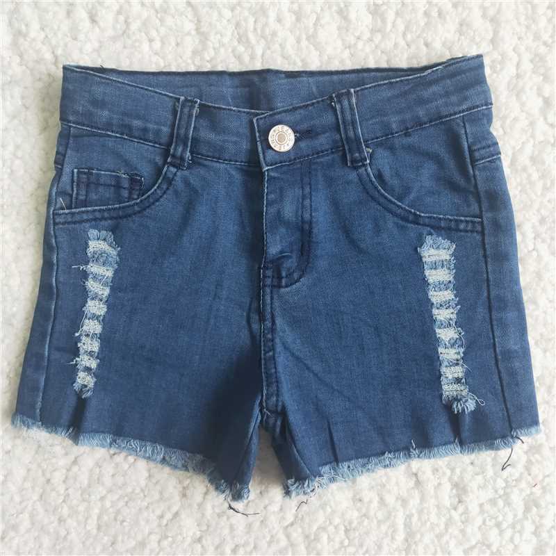 A9-16 Blue Button Frayed Summer Denim Shorts