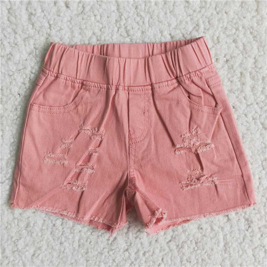 D13-13 Pink Frayed Elastic Denim Shorts