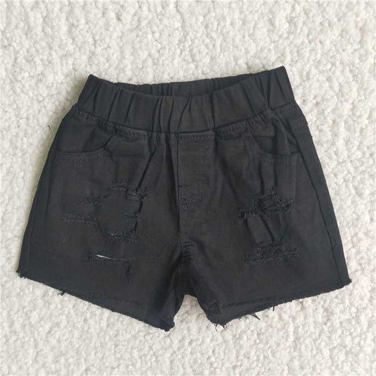 D13-3 Black Frayed Elastic Denim Shorts