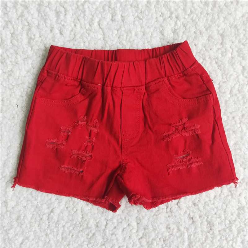 D13-14 Red Frayed Elastic Denim Shorts