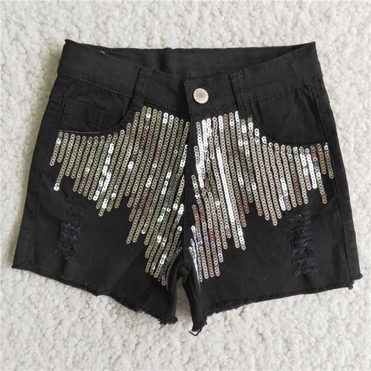 D8-4 Black Denim Sequin Shorts