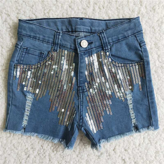 D7-4 Blue Sequin Denim Shorts