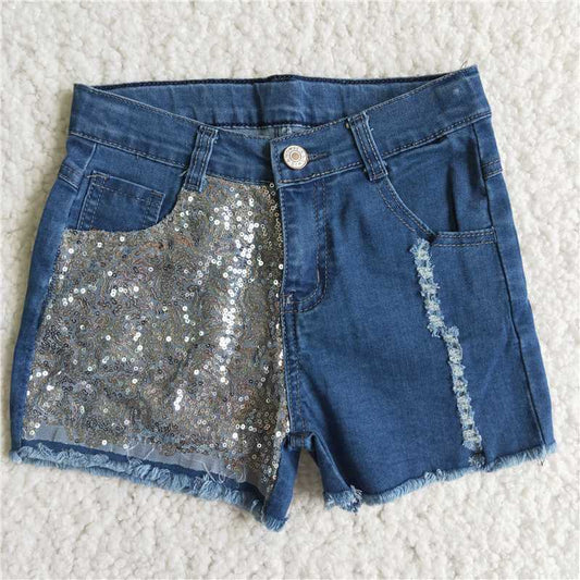 D8-14 Blue Denim Mesh Sequin Shorts