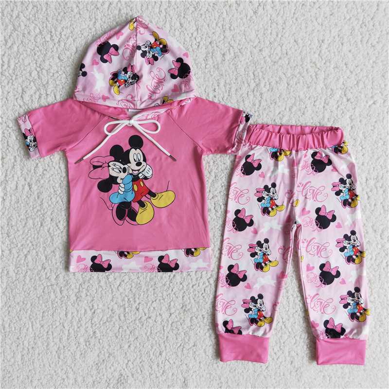 E6-27 Girls Hooded Short Sleeve Pants Set