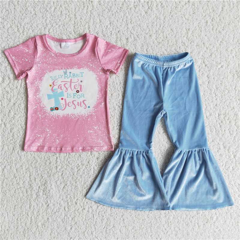E12-11 Pink Cross Short Sleeve Blue Gold Velvet Flared Pants