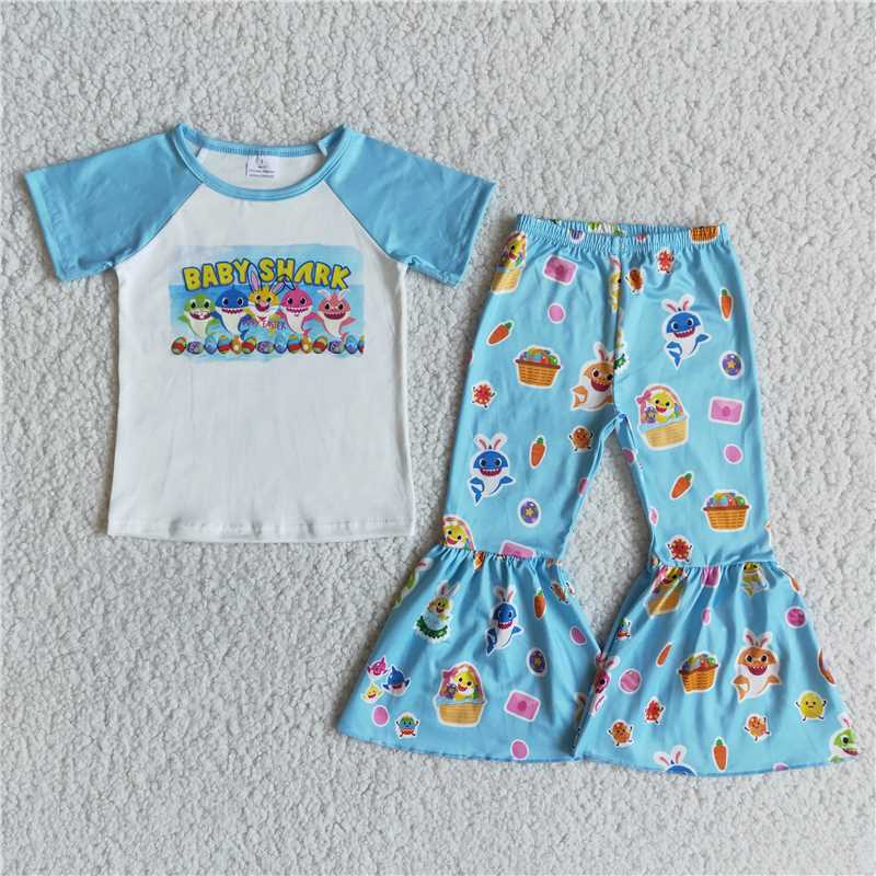 E9-12 Yellow Alphabet Blue Short Sleeve Trousers Suit