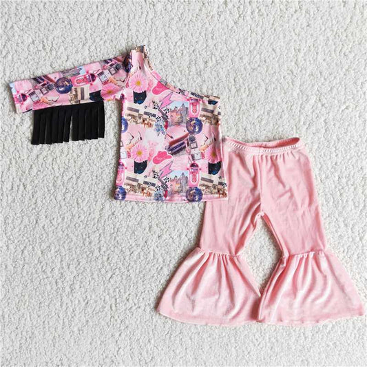 6 A30-18  Printed Fringe Top Pink Gold Velvet Flared Pants