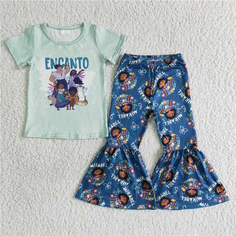 B16-28 Green Short Sleeve Cartoon Flared Pants Suit