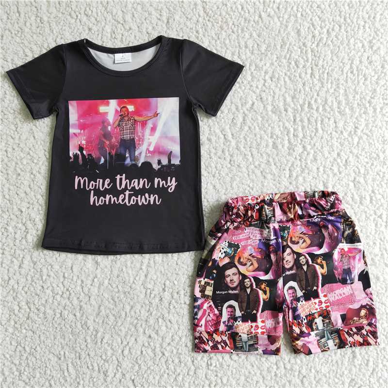 GSSO0013 Hometown Black Short Sleeve Top Picture Print Shorts Set