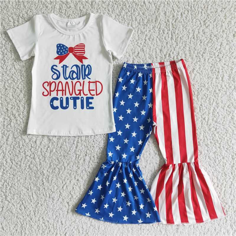 NC0006 Baby girl 4th of July White Short Sleeve Flared Pants Suit