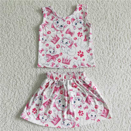 GSD0041 Girls White Cat Butterfly Machine Vest Skirt Suit