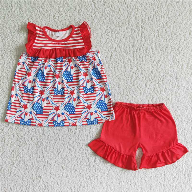 GSSO0055 Girls 4th of July Short Sleeve Red Lace Shorts Suit