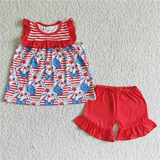 GSSO0055 Girls 4th of July Short Sleeve Red Lace Shorts Suit