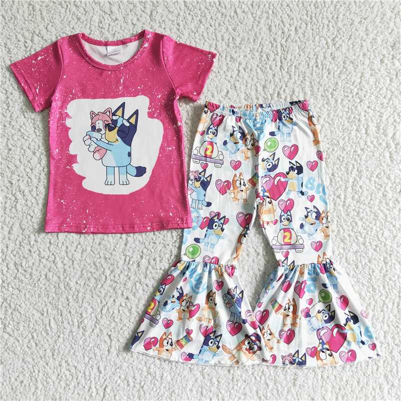 GSPO0066 girl rose red cartoon short-sleeved trousers suit