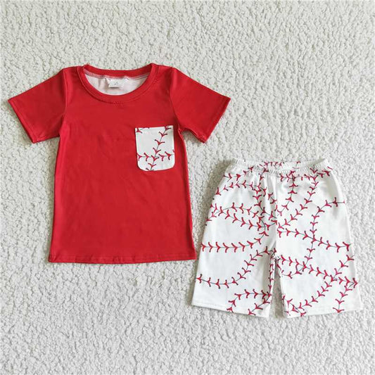 BSSO0022 Boys Red Line Leaf Baseball Pattern white pocket D 5.15