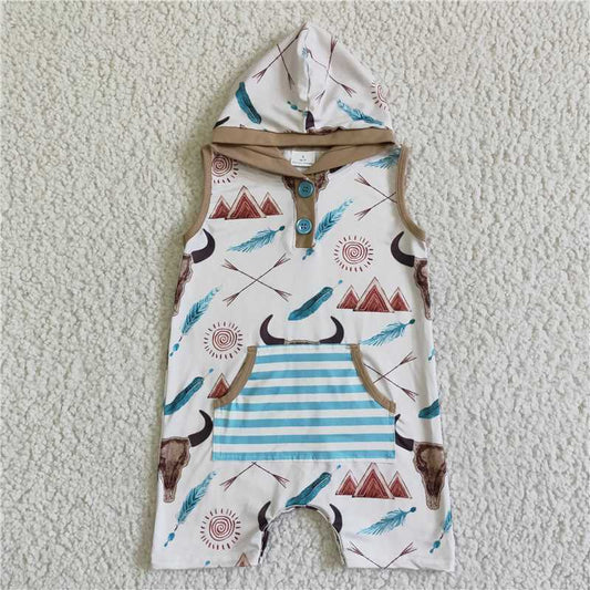 SR0014 Boys Sleeveless Hooded Bull Head Button Feather Bodysuit