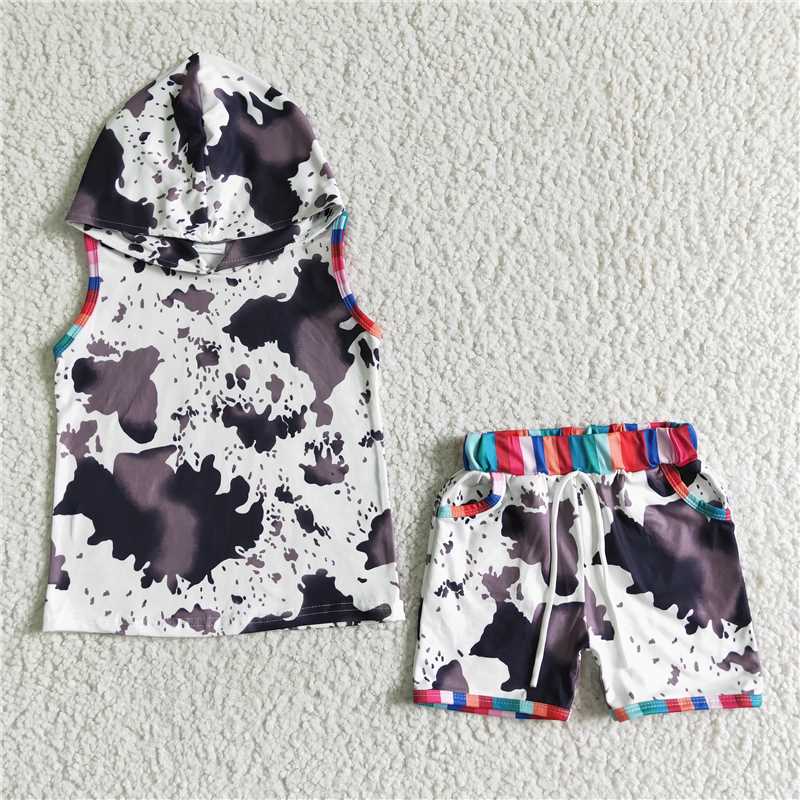 BSSO0050 Boys Sleeveless Hooded Ink Cow Pattern Suit