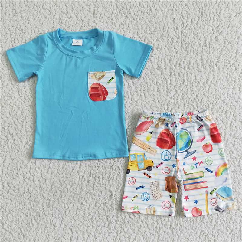 BSSO0071 Boys Back to School Smiley Pocket Short Sleeve Shorts Set