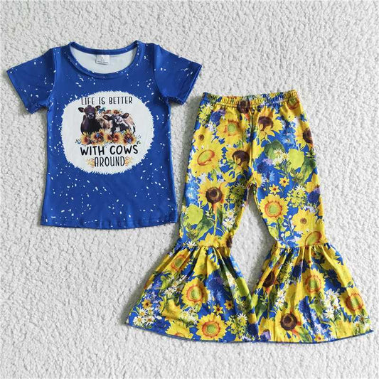 GSPO0071 girl cow sunflower short-sleeved trousers suit