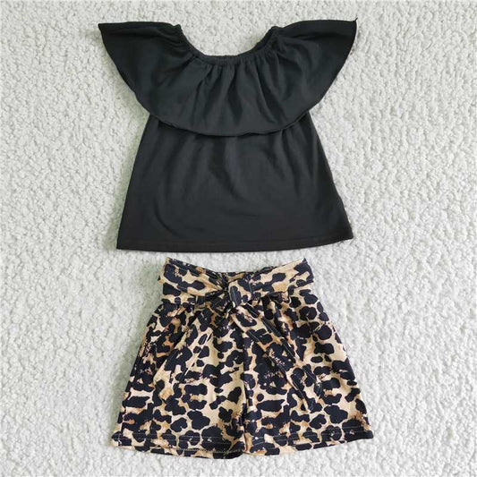 GSSO0082 Girls Black One Shoulder Top Leopard Shorts Suit