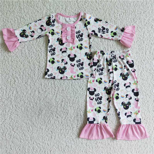 GLP0105 Girl Christmas pink cartoon long -sleeved long trousers suit