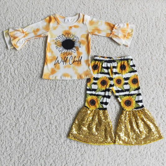 6 A10-13 Sunflower Long Sleeve Top Yellow Sequin Flare Pants Set