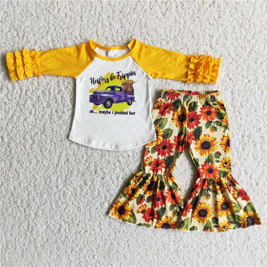 6 B0-2 Yellow Top Truck Sunflower Flare Pants Outfit