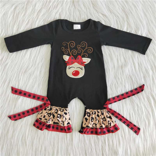 B11-9 Embroidered Deer Head Black Long Sleeve Bodysuit