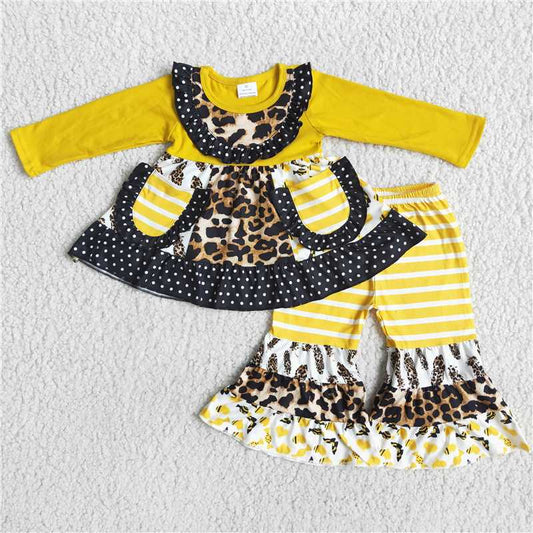 6 B5-2 Polka Dot Black Lace Pocket Long Sleeve Striped Pants Set