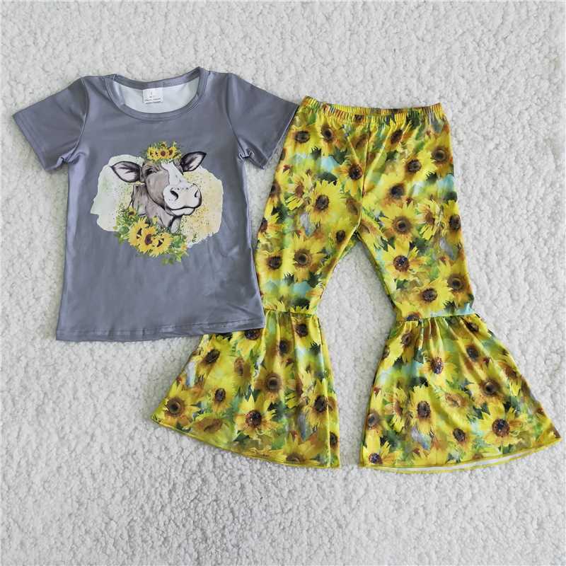 B9-15 Sunflower Bull Head Grey Short Sleeve Pants Set