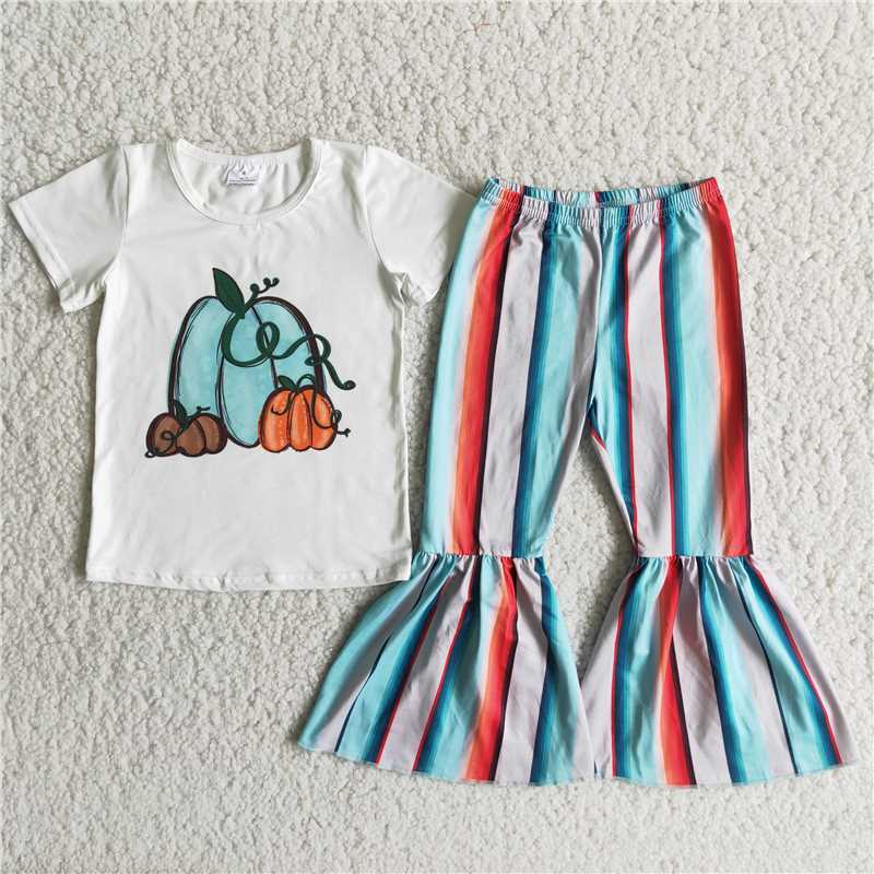 D5-28 Tricolor Pumpkin Short Sleeve Striped Flared Pants Set