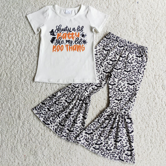 D4-19 Letter Short Sleeve Top Bat Flare Pants Set