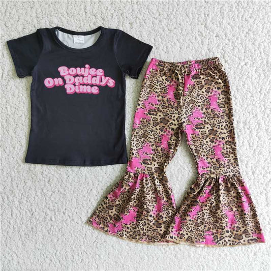 E4-16 Alphabet Black Short Sleeve Top Leopard Print Flared Pants Set