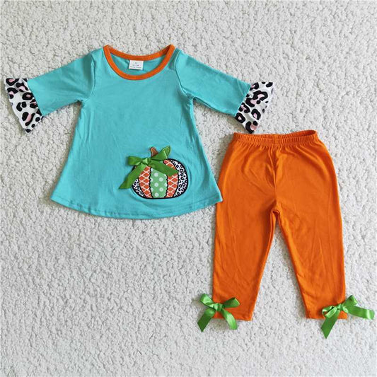 6 A3-12 Embroidered Blue Pumpkin Top Orange Trousers Set