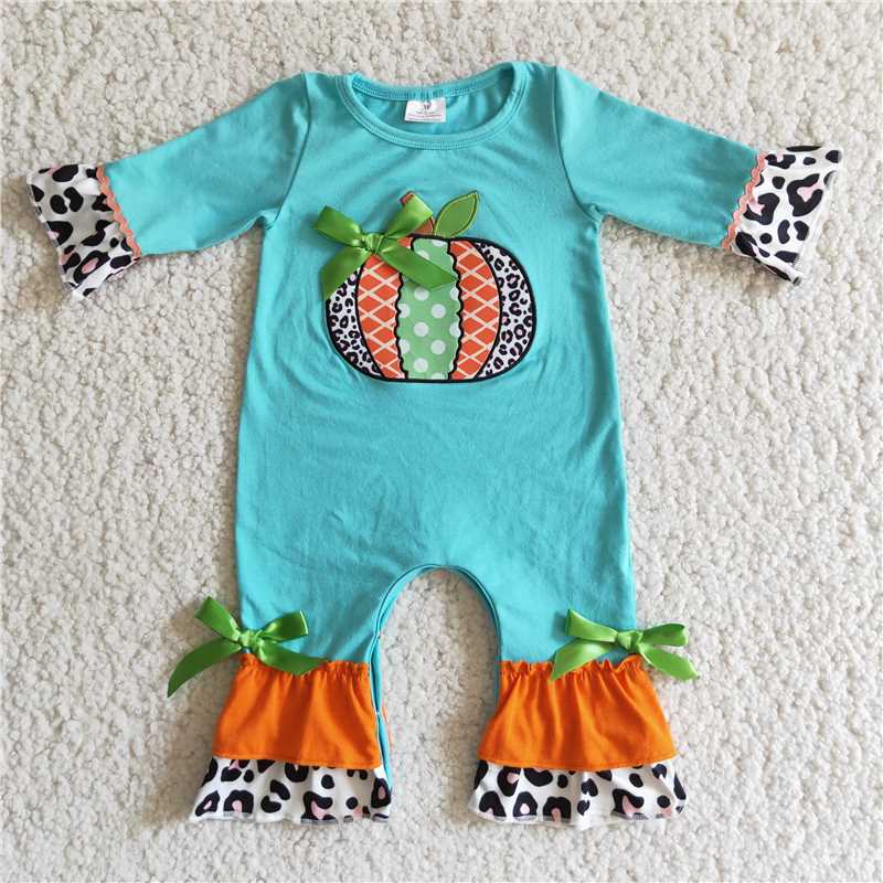 6 B2-19 Embroidered Pumpkin Blue Long Sleeve Jumpsuit