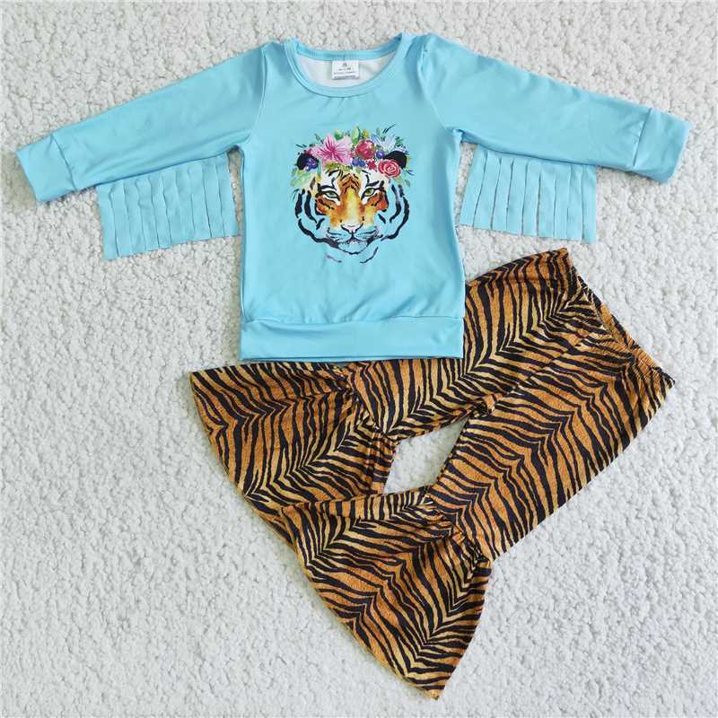 A3-18 Flower Tiger Fringe Blue Long Sleeve Pants Cover