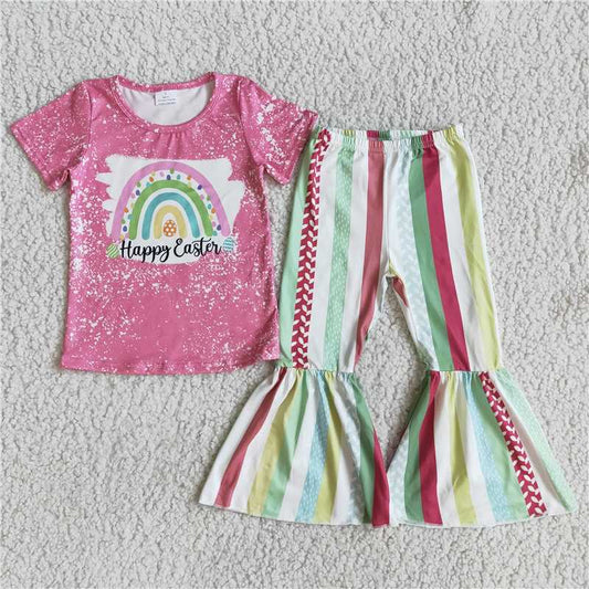D5-19 Rose Red Short Sleeve Striped Flared Pants Set