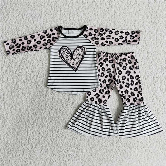 6 A30-15 Valentine's Day Heart Leopard Print Long Sleeve Flared Pants Set