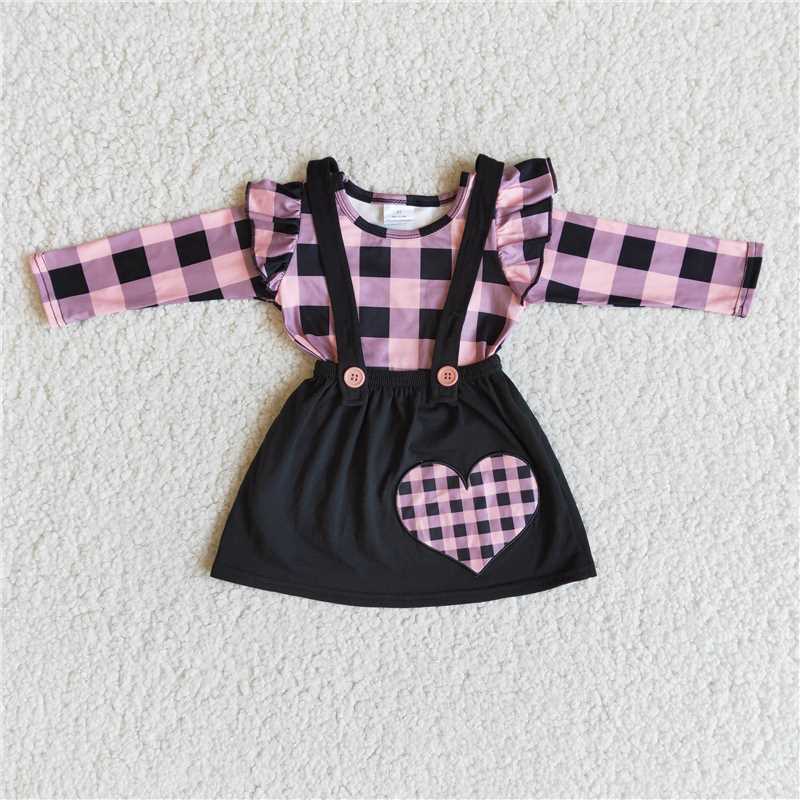 6 A28-30 Little Flying Sleeve Plaid Top Embroidered Heart Black Skirt