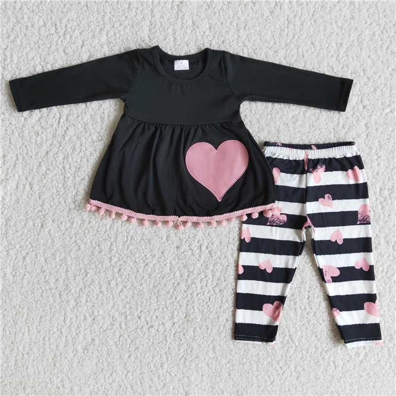 6 A27-29 Embroidered Heart Black Long Sleeve Striped Trousers