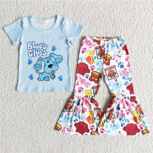 E8-5 Girls Blue Short Sleeve Cartoon Flared Pants Suit