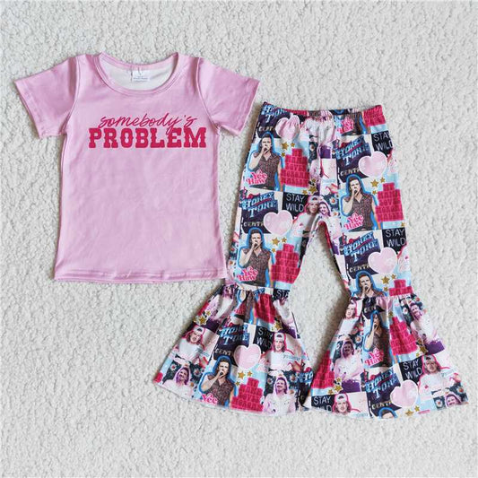 E8-4 Pink Short Sleeve Heart Flared Pants Set